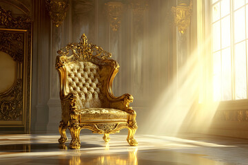 A golden throne chair sits in a luxury palace interior with light from a window streaming in. A fantastical background is enhanced with cinematic lighting and hyperrealism.