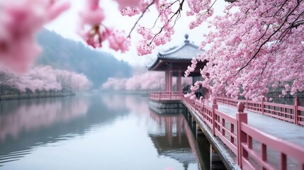 Serene cherry blossoms, misty lake, pagoda, spring