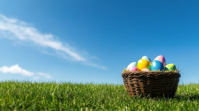 Colorful easter eggs arranged in a wicker basket on grassy field under clear blue sky