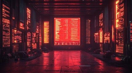 Red-lit futuristic server room; data processing; technology background