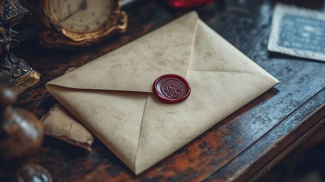 Sealed letter with wax seal resting on aged parchment background in dim light