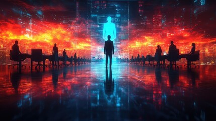 Obraz premium A futuristic scene depicting silhouettes in a tech-driven environment with digital displays.