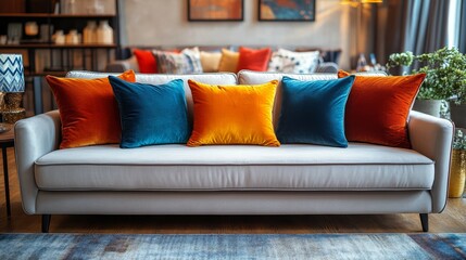 Elegant blue couch with orange pillows in a contemporary living room setting