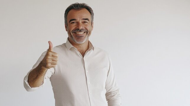 An image of a man, presumably an Italian chef, giving his approval to a recipe with a thumbs-up gesture. He is standing against a white wall and appears pleased.