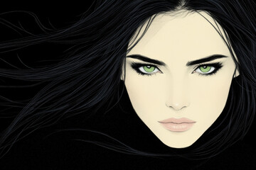 A woman with long dark hair and green eyes