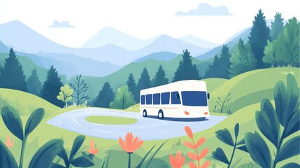 Explore winding roads on a tour bus surrounded by lush greenery and serene mountains during a sunny day. Generative AI