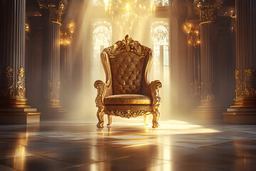 A golden throne chair in a luxury palace with bright light shining through the window. The fantasy background and hyper-realistic details evoke a sense of royal power.