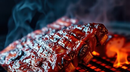 Succulent ribs, glazed to perfection and hot off the grill, a mouthwatering barbecue delight.