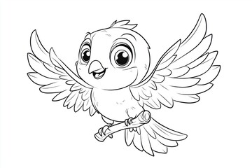 Fototapeta premium Cute little bird cartoon coloring book drawing flying with open wings