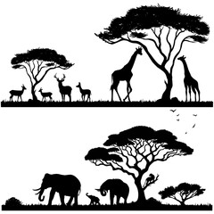 2 African Wildlife Landscape Silhouette Vector Set – Safari Scene Illustrations