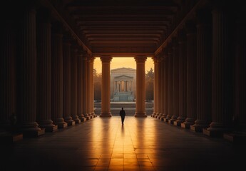 Serene Sunset View Through Columns at Iconic Building Entrance