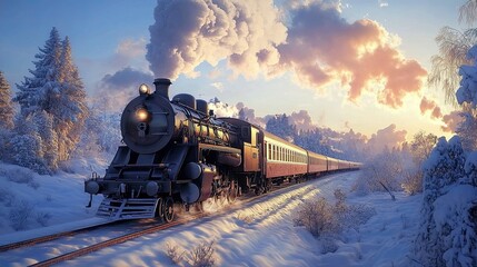 Obraz premium A train traveling through a snowy landscape, leaving a trail of steam.