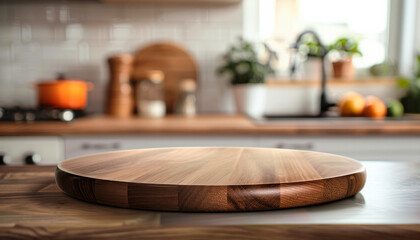 round wooden cutting board sits on kitchen counter, surrounded by blurred background of kitchen items, including stove, plants, and window, creating warm and inviting atmosphere