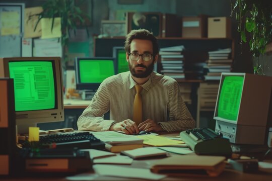 Portrait of man wearing glasses and tie, sitting at cluttered desk with folders and outdated computer screens glowing green. Appearing focused on task in office environment