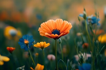 Vibrant orange and blue wildflowers in bloom