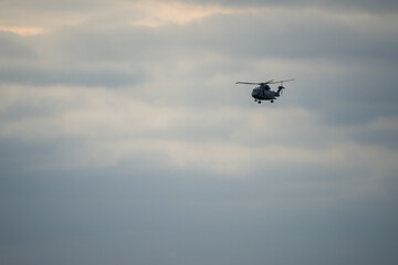 British Royal Navy Agusta-Westland Merlin HM.2 AW101 helicopter hovering on a military exercise 