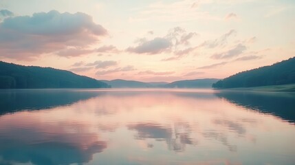 Fototapeta premium Dreamy Sky with Soft Pink Clouds at Sunrise Over a Tranquil Landscape