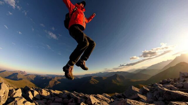 Successful hiker man jumping on the top of the mountain