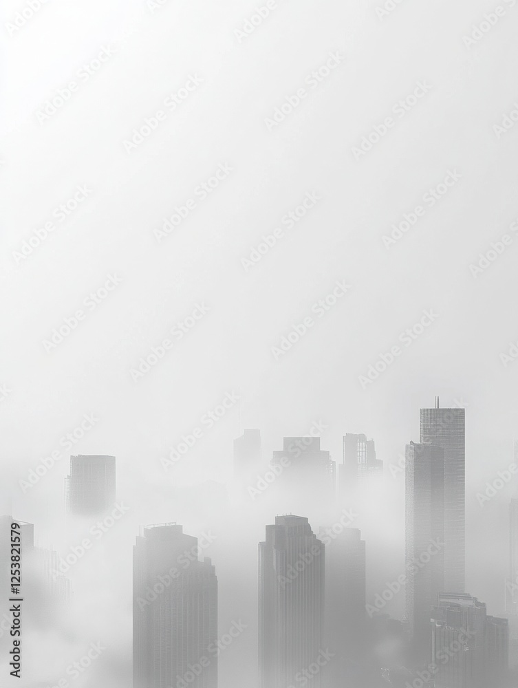 Poster urban skyline obscured by smog with industrial chimneys releasing smoke in a polluted atmosphere dur