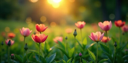 Obraz premium Softly glowing blooms in a lush meadow at dusk, nature, botanicals, abstract green background