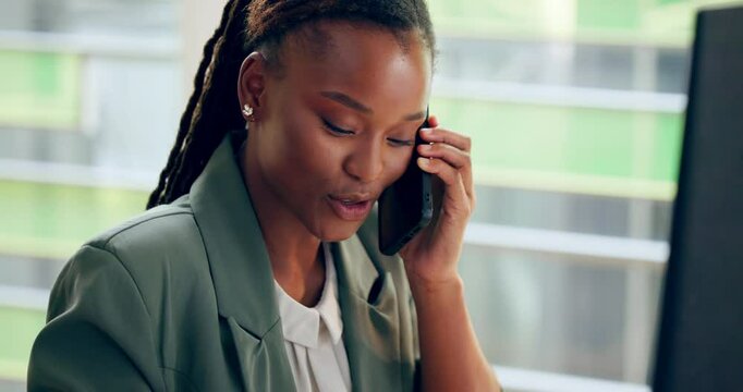 Computer, black woman and phone call in office for talking, article information and interview source. Smile, female journalist and research with mobile for business news, story questions and answer