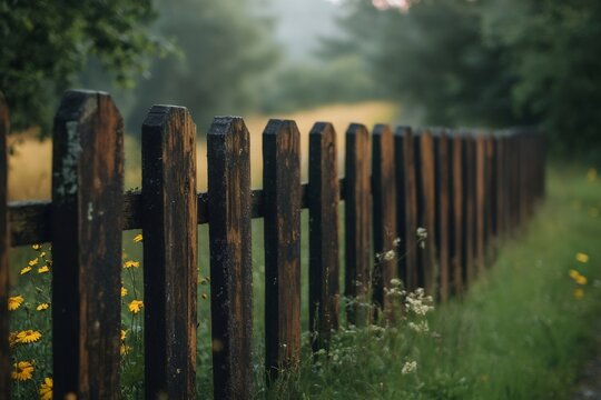 Old wooden fence protecting a meadow in a foggy morning