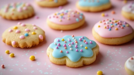 Colorful decorated cookies with sweet icing and sprinkles on a pink background