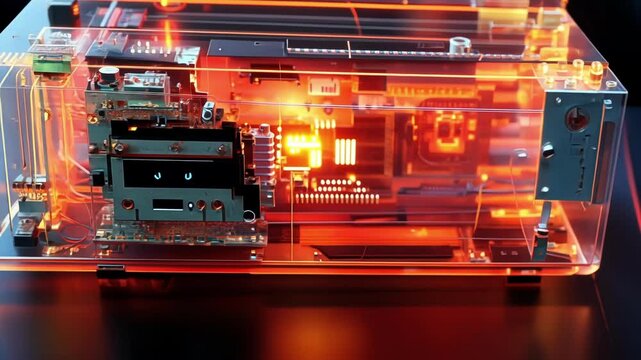 Complex electronic components are glowing with an orange light inside a transparent computer case, showcasing advanced technology and data processing