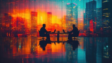 Two silhouettes working at a table against a vibrant city skyline backdrop.