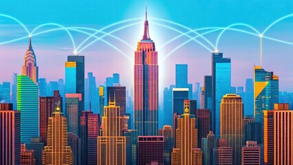an abstract, stylized image of a city skyline. This image is likely representing communication, connectivity, and the interconnectedness of the world.