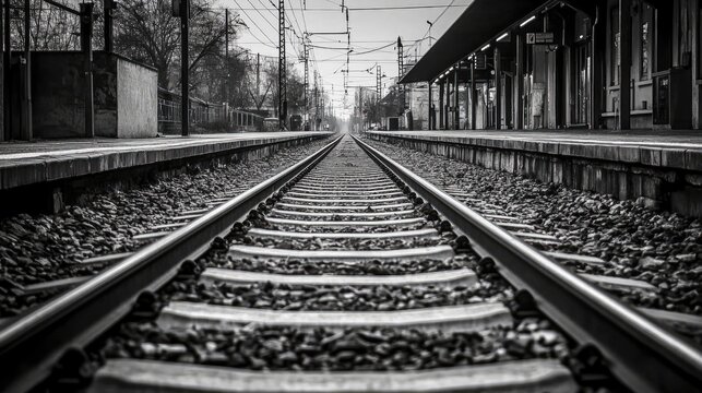An empty train station platform with parallel tracks leading into the distance.