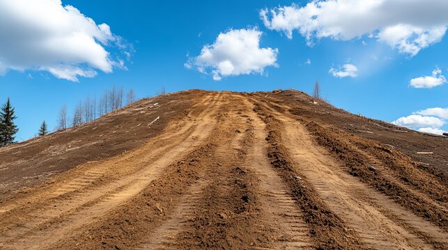 A steep dirt path leads up a hill under a bright blue sky dotted with fluffy white clouds, showcasing the raw beauty of a natural landscape.