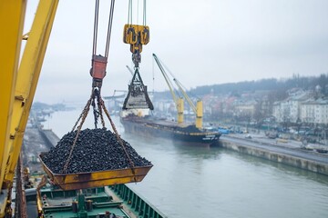 Naklejka premium Coal unloading, harbor crane, river port, cargo ship. Industrial use.