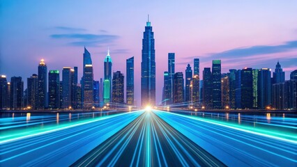 Obraz premium a mesmerizing cityscape with a road leading into the heart of the city at dusk. The road is lined with light trails, creating a sense of movement and energy. The skyscrapers rise up to the sky.
