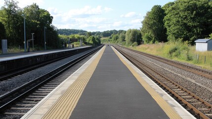 Naklejka premium An empty train station platform with parallel tracks leading into the distance.