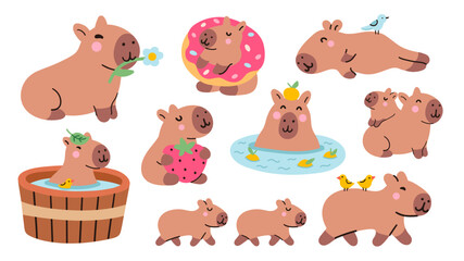 Cute kawaii capybaras set. Capybara characters, relaxing, eating, swimming in the water, sleeping, walking, bathing. Vector illustrations, simple flat mascots collection isolated on white background