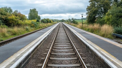Fototapeta premium An empty train station platform with parallel tracks leading into the distance.