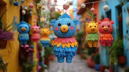A colorful piñata shaped like a donkey, adorned with vibrant paper fringes in shades of pink,