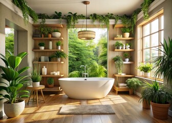 Cozy Scandinavian bath: freestanding tub, natural wood, lush plants create a minimalist haven.