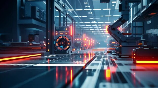 Futuristic automated production line featuring a transparent digital screen with charts and data analysis in a modern industrial factory, highlighting advanced manufacturing technology