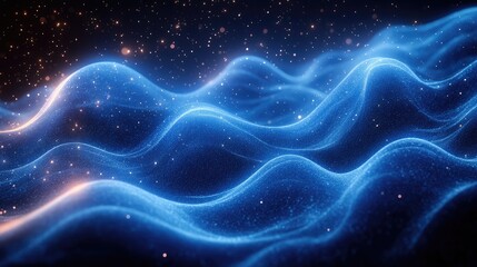 Obraz premium Abstract waves of blue light with sparkling particles, creating a dynamic visual effect.