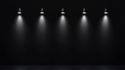 Five spotlights illuminate dark room