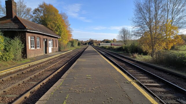 An empty train station platform with parallel tracks leading into the distance.