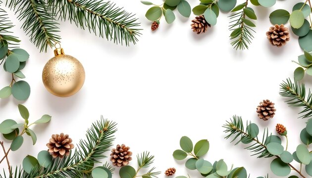 Una composici&oacute;n plana con ramas de pino, hojas de eucalipto, pi&ntilde;as y un adorno navide&ntilde;o dorado dispuesto alrededor de los bordes de una superficie blanca