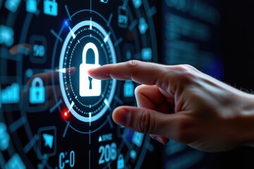 A high-tech digital padlock being unlocked by a fingerprint, set against a futuristic technology-themed background. The glowing biometric scanner highlights advanced security