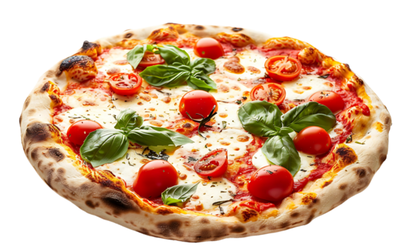 Delicious Margherita Pizza: A close-up shot of a perfect margherita pizza, with fresh basil and ripe cherry tomatoes, showcasing a classic Italian meal, appealing to food lovers.