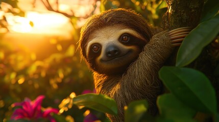 Fototapeta premium Happy sloth clinging to tree at sunset.