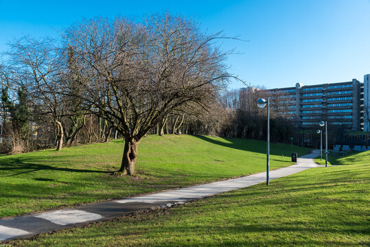 Ixelles, Brussels Capital Region  Belgium - The green lawn and walking path towards building F and G at the VUB University