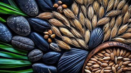 Obraz premium Artistic arrangement of various seeds and stones on a dark surface, showcasing natural textures