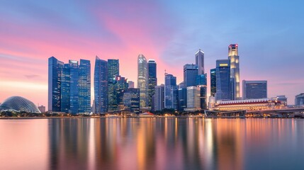 Fototapeta premium Singapore skyline sunset, city reflection, waterfront